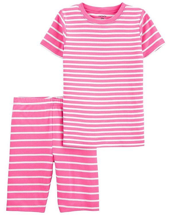 Pijama Infantil Curto Listrado, Rosa e Branco, Carter’s