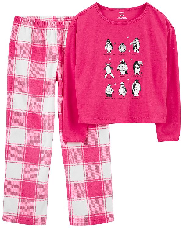 Pijama Infantil com Estampa de Pinguins e Calça Xadrez Fleece, Rosa, Carter’s