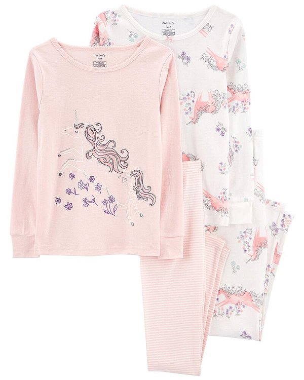 Pijama Infantil 2 Conjuntos Longos, Estampa de Unicórnio, Rosa e Branco, Carter’s