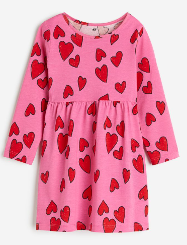 Vestido Infantil Manga Longa com Estampa de Corações, H&M