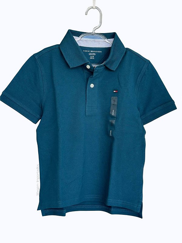 Camiseta Polo Infantil, Verde Petróleo com Logo Bordado, Tommy Hilfiger