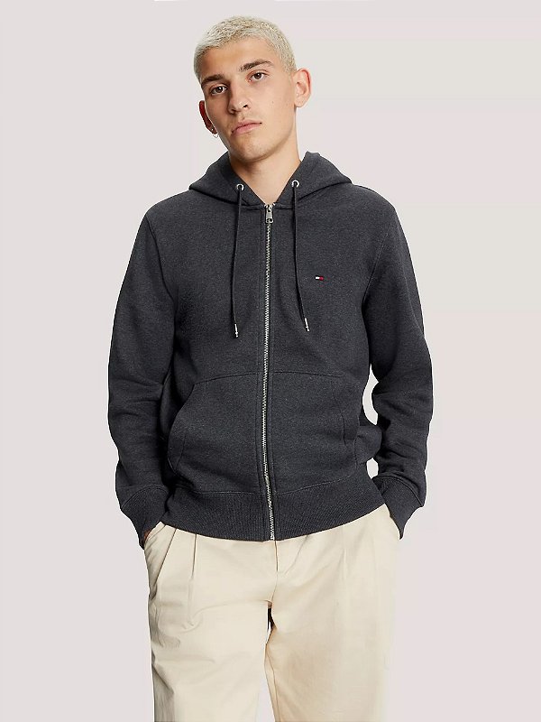 Moletom Masculino com Capuz e Zíper, Cinza Escuro, Tommy Hilfiger
