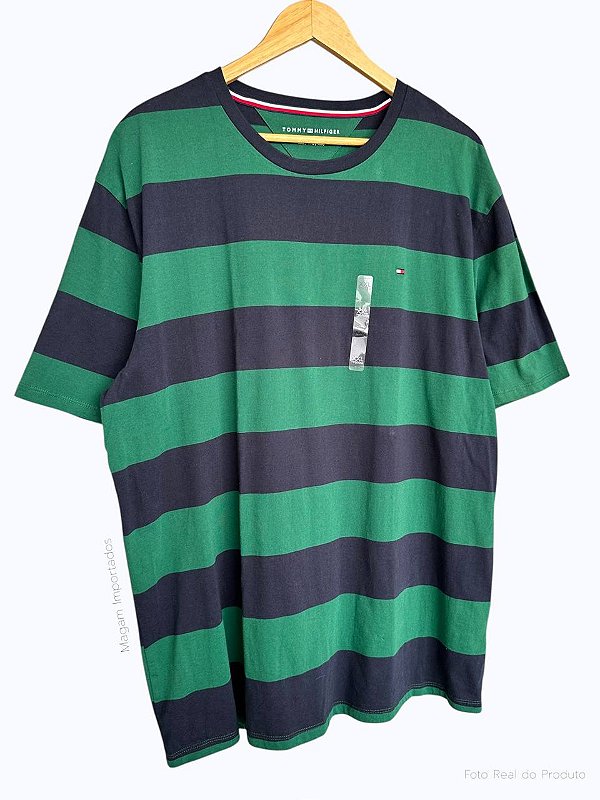 Camiseta Masculina, Listrada Verde e Azul Marinho com Logo, Tommy Hilfiger