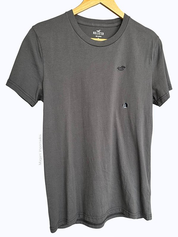 Camiseta Masculina, Cinza Escuro com Logo, Hollister