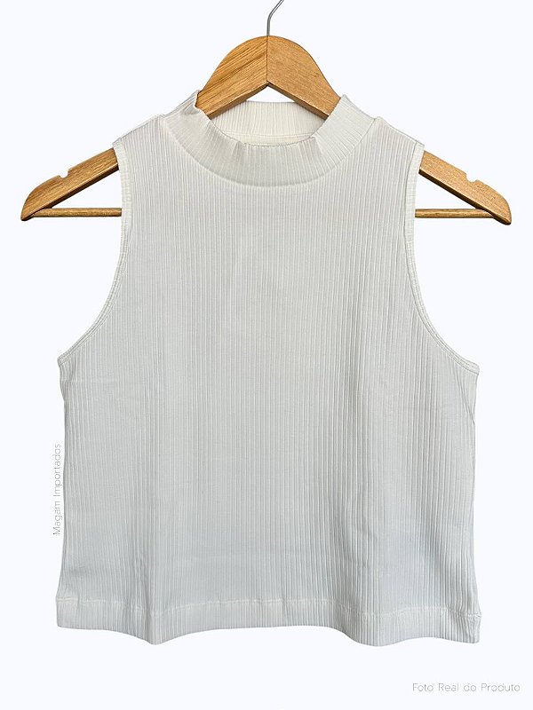 Regata Feminina Canelada com Gola Alta, Branca, Old Navy