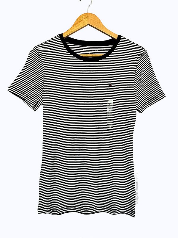 Camiseta Feminina, Listrada em Azul Marinho e Branco com Logo, Tommy Hilfiger