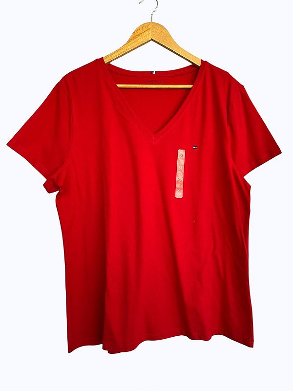 Camiseta Feminina com Decote V, Vermelha com Logo, Tommy Hilfiger