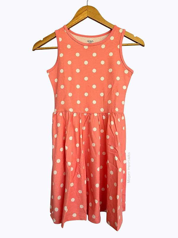Vestido Infantil, Coral com Poás Brancos, Carter’s