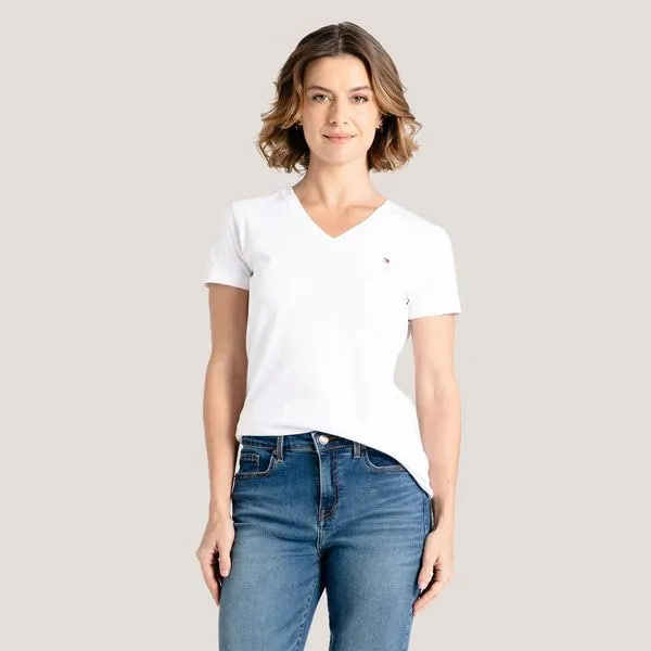 Camiseta Feminina com Decote V, Branca com Logo, Tommy Hilfiger