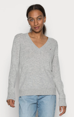 Suéter Feminino Tricot com Decote V, Cinza, Tommy Hilfiger