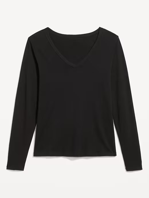 Blusa Manga Longa Feminina, Gola V, Preta, Old Navy
