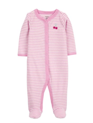 Macacão de Bebê com Botões, Listrado Rosa com Bordado de Cerejinhas, Carter’s