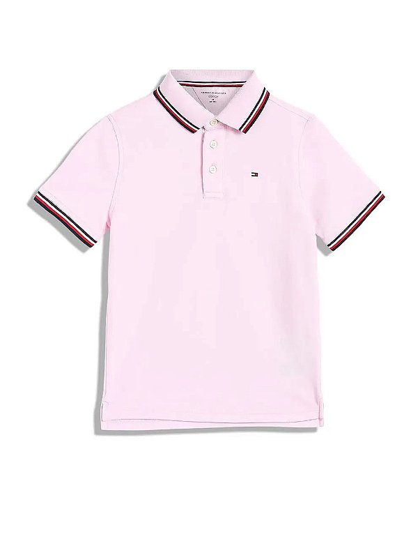 Camiseta Polo Infantil, Rosa Claro com Detalhes Listrados, Tommy Hilfiger