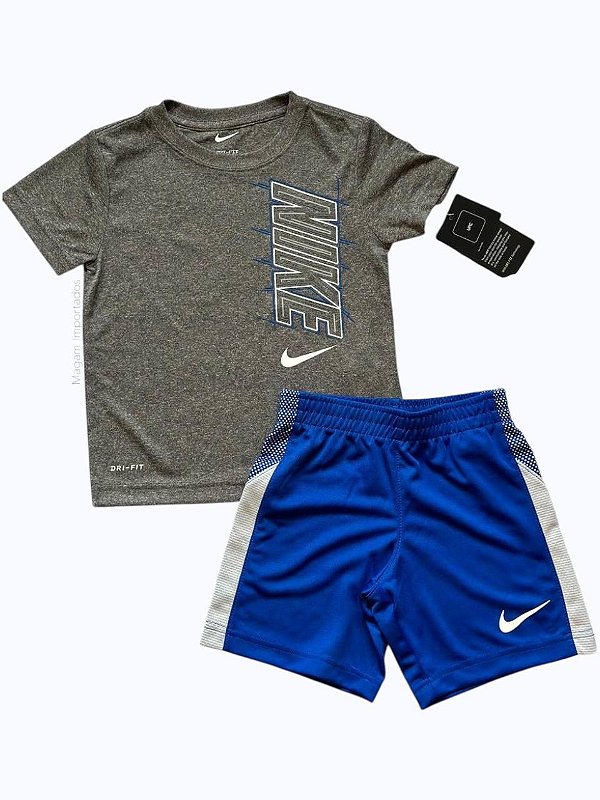 Conjunto Infantil, Camiseta Cinza e Short Azul, Nike