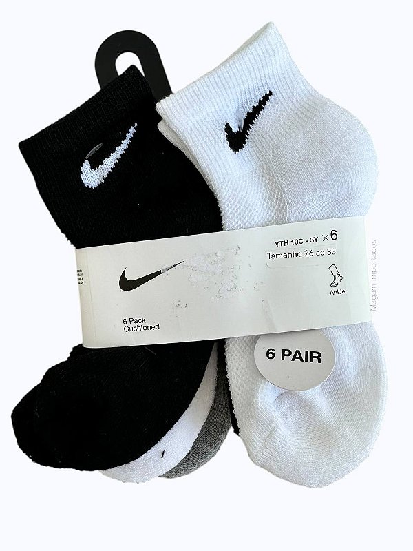 Kit com 6 Pares de Meias Cano Baixo, Tamanho 27 ao 34 BR, Nike