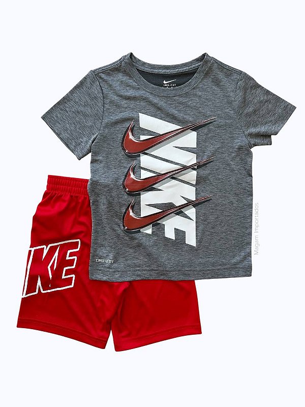 Conjunto Infantil, Camiseta Cinza e Short Vermelho, Nike