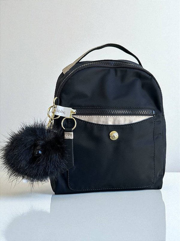 Mochila Mini Tuley, Preta com Detalhes Dourados, Kipling