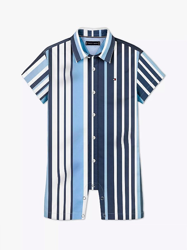 Macacão curto de bebê, Listrado Azul e Branco com Gola Polo, Tommy Hilfiger