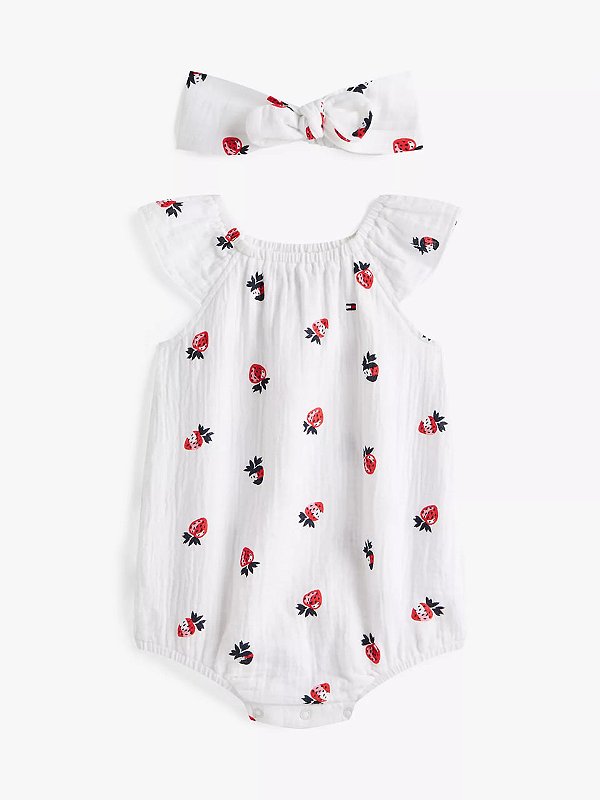 Macacão curto de bebê, Branco com Estampa de Morangos + Faixa de Cabelo, Tommy Hilfiger