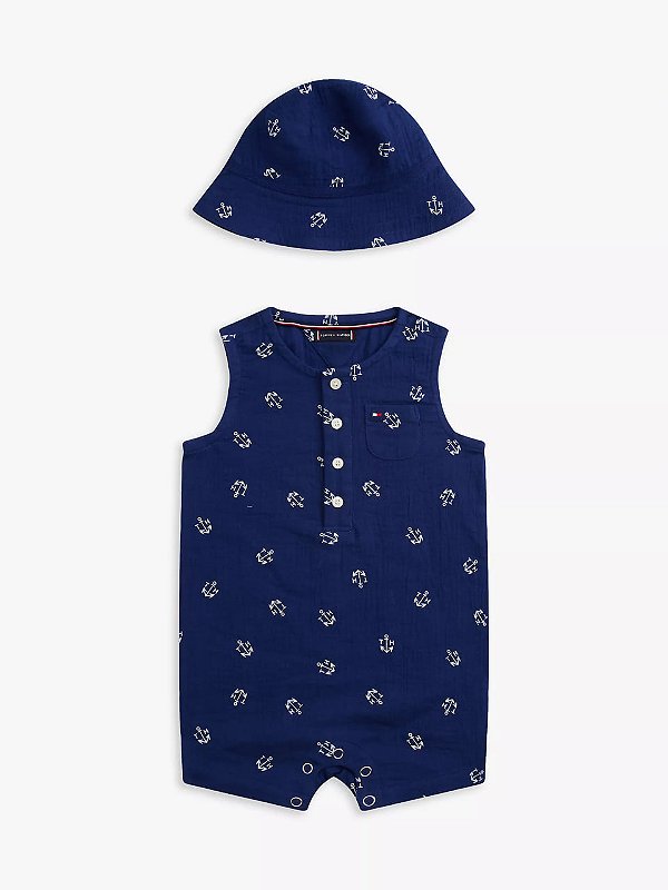 Macacão curto de bebê, Azul Marinho com Estampa de Âncoras + Chapéu, Tommy Hilfiger