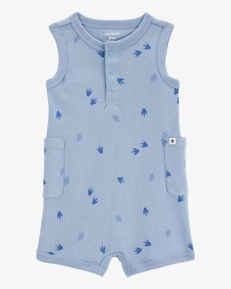 Macacão curto de bebê, Romper, Azul com Estampa de Pegadas de Dinossauro, Carter's