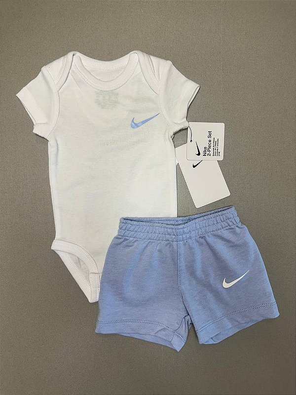 Conjunto Body Manga Curta e Short, 3 Meses, Branco e Azul Bebê, Nike