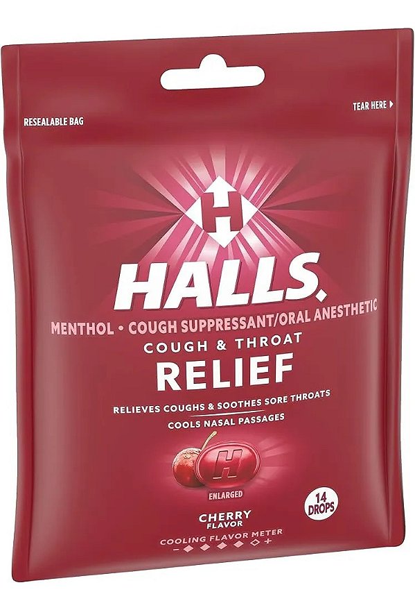 Pastilha para Tosse e Garganta, Sabor Cereja, 14 Pastilhas, Halls