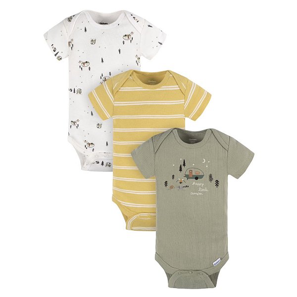 Kit com 3 Bodys de Bebê, Manga Curta, Estampa Camping, Gerber