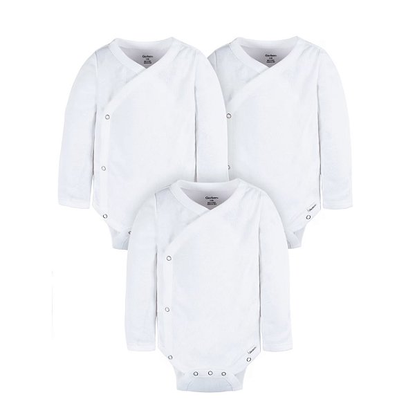 Kit com 3 Bodys de Bebê, Transpassado Manga Longa, Branco, Gerber
