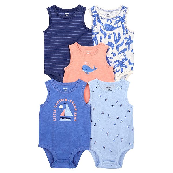 Kit com 5 Bodys de Bebê, Regata, Estampa Náutica, Carter´s