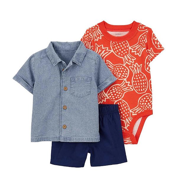 Conjunto de Bebê 3 Peças com Camisa Jeans, Body Estampado e Short Azul, Carter’s