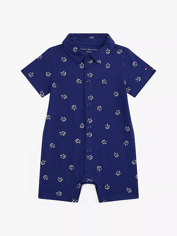 Macacão Curto de Bebê, Azul Marinho Estampa Âncoras com Gola Polo, Tommy Hilfiger