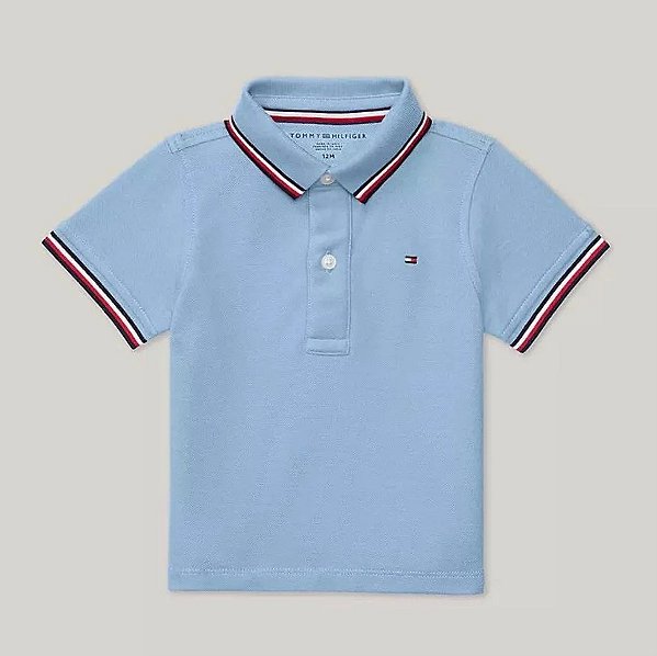 Camiseta Polo Bebê, Azul com Detalhe Tricolor, Tommy Hilfiger