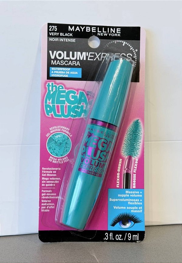 Máscara de Cílios à Prova d’Água, Volum'Express The Mega Plush, 275 Very Black, Maybelline