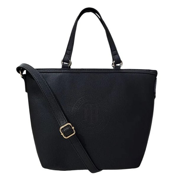 Bolsa Alça Dupla, Preta Logo, Tommy Hilfiger