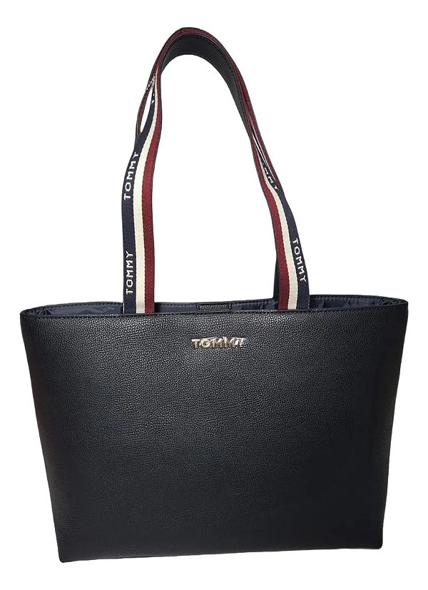 Bolsa Tote, Preta com Alça Listrada, Tommy Hilfiger