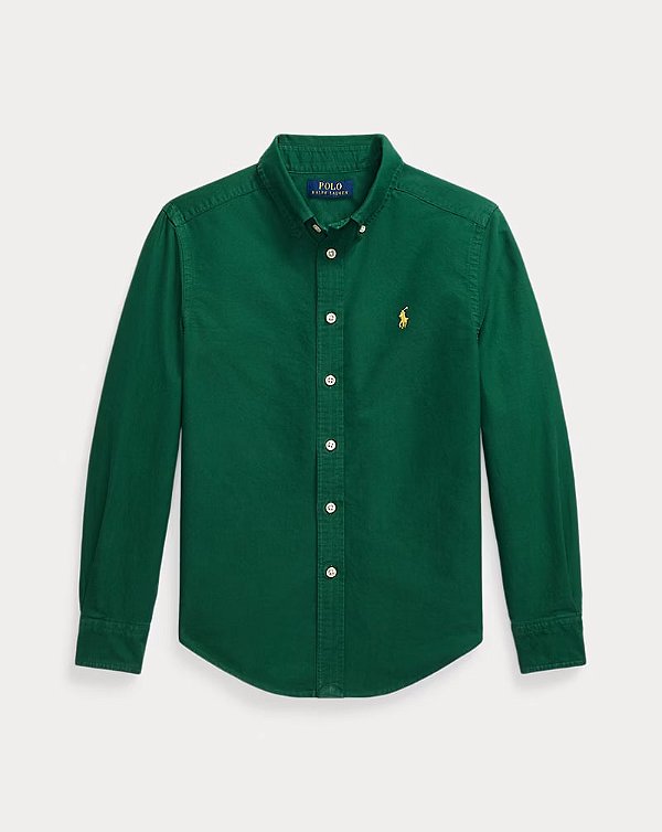 Camisa Manga Longa Infantil, Algodão Oxford, Verde Floresta, Polo Ralph Lauren