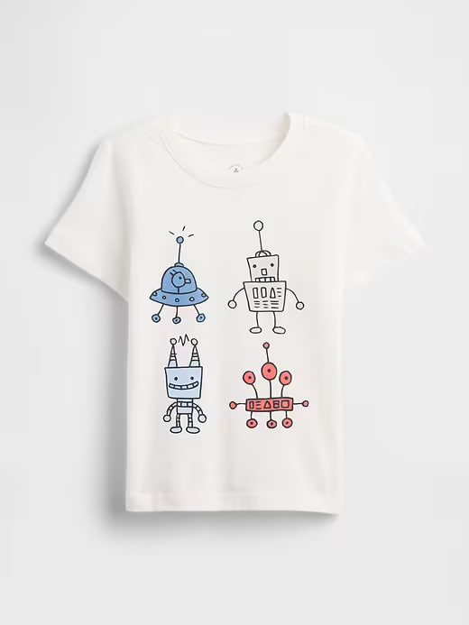 Camiseta Bebê, Branca com Estampa de Robôs, GAP