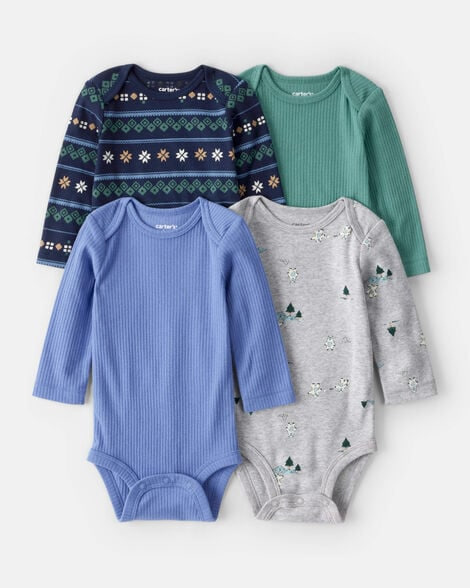 Kit com 4 Bodys de Bebê, Manga Longa, Azul e Cinza Estampa Urso Polar, Carter’s