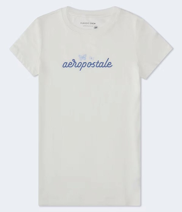 Camiseta Feminina, Branca com Logo e Borboletas Azul, Aéropostale