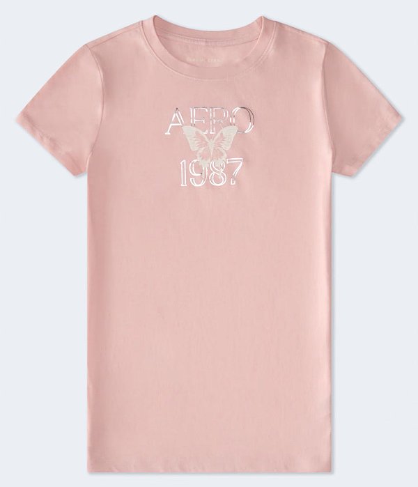 Camiseta Feminina, Rosa Goiaba, AERO 1987 e Borboleta, Aéropostale