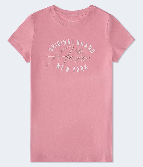 Camiseta Feminina, Rosa com Logo e Borboleta Bordada, Aéropostale