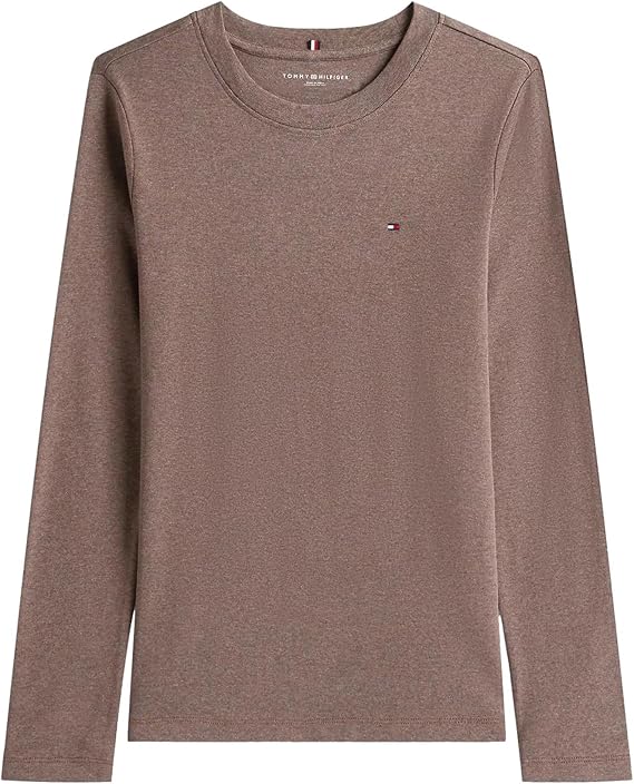 Camiseta Feminina Manga Longa, Marrom Urze com Logo, Tommy Hilfiger