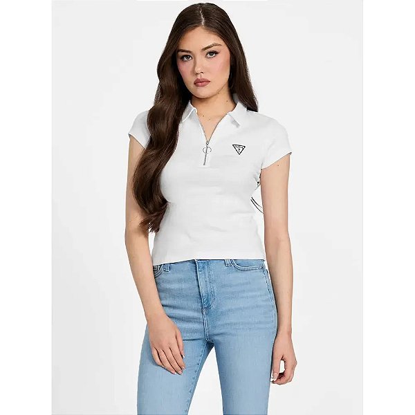 Camiseta Polo Feminina, Branca com Zíper e Logo, Guess