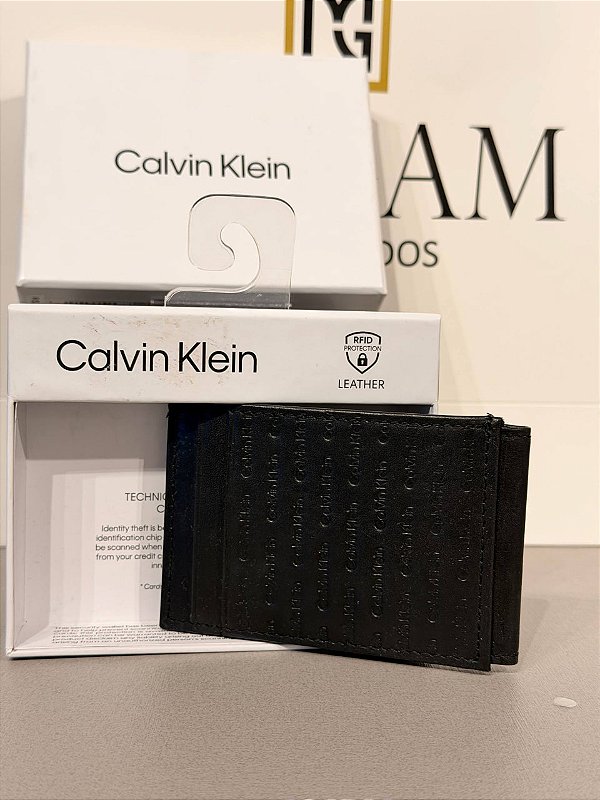 Carteira Masculina em Couro com Proteção RFID, Preta Logo, Calvin Klein