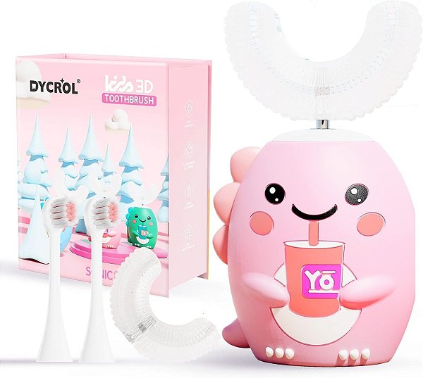 Escova Dental Elétrica Infantil em U, Rosa, 360° Cleaning Sonic Toothbrush, DYCROL