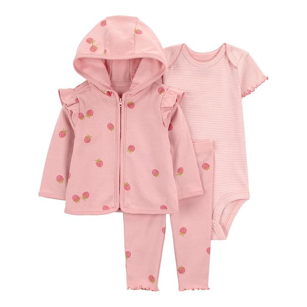Conjunto de Bebê 3 Peças com Casaco Estampa de Morango, Calça e Body, Child of Mine by Carter’s