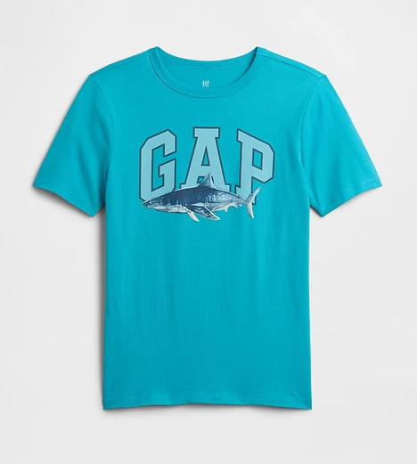Camiseta Infantil Manga Curta, Azul, Logo com Tubarão, Gap