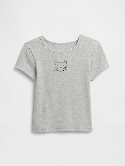 Camiseta Infantil Canelada Manga Curta, Cinza, Gatinho Bordado, Gap