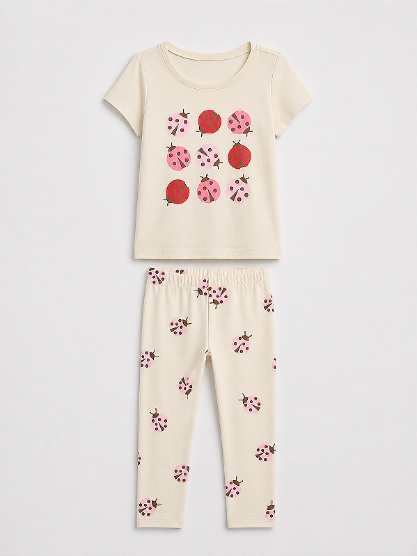 Conjunto Infantil Camiseta e Calça Legging, Creme Estampa de Joaninha, Gap